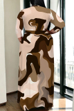 Khaki Geometric Print Colorblock V Neck 3/4 Sleeve Lace Up Summer Outings Vacation Plus Size Flowy Loose Maxi Dress