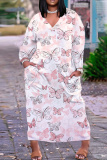 Dark Pink Butterfly Print V Neck Long Sleeve Casual Outings Vacation Straight Loose Tunic Maxi Dress