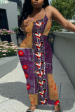 Blue Faux Denim Print Sleeveless Backless Spaghetti Strap Summer Outings Vacation Bodycon Maxi Slip Dress