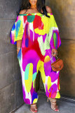 Light Blue Vacation Loose Casual Abstract Floral Leaf Print Off Shoulder Long Lantern Sleeve Overall Jumpsuits