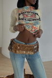 Yellow Gauze Skinny Casual Bufferfly Print Round Neck Long Sleeve Tops Blouses