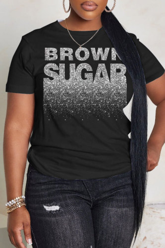 Black Silver Casual Letter Print Round Neck Short Sleeve T-Shirts Tops