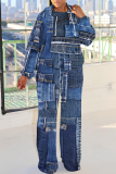 Blue Khaki Sportwear Faux Denim Print Hooded Long Sleeve Sweatshirt and Sweatpants Fall Winter Two Pieces Sweatsuits Sets