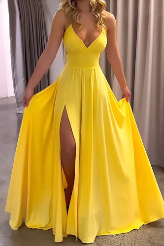 Yellow Deep V Neck Sleeveless Backless Spaghetti Strap Slim Fit Waist Front Slit Flowy Lace Maxi Slip Dress