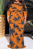 Purple Leaf Print O Neck 3/4 Sleeve Floor Length Casual Outing Vacation Plus Size Straight Loose Maxi Dress