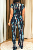 Dark Blue Casual Geometric Abstract Print Stripe Pocket Contrast Round Neck Sleeveless Tank Tops and Straight Leg Pants Two Pieces Sets