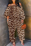 Dark Blue Loose Vacation Casual Leopard Print Off Shoulder Long Lantern Sleeve Overall Jumpsuits