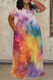 Colorful Tie Dye Print O Neck Short Sleeve Floor Length Casual Outing Plus Size Straight Loose Maxi Dress