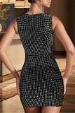 Black Hot Drilling Sleeveless Backless Square Neck Night Out Bodycon Club Mini Dress Birthday Party Sparkling Evening Gown