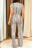 Dark Blue Casual Geometric Abstract Print Stripe Pocket Contrast Round Neck Sleeveless Tank Tops and Straight Leg Pants Two Pieces Sets