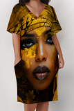 Gole Figure Print V Neck Short Sleeve Pocket Casual Outing Straight Loose Midi Dress