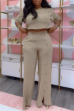 Blue O Neck Half Sleeve Crop Top and High Elastic Waist Wide Leg Pant Casual Outing Plus Size Two Piece Trouser Set