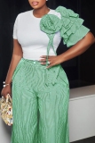 Orange Plus Size Two Piece Pant Set Crewneck Floral Shoulder Top and High-Waisted Striped Wide Leg Pant