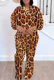 Dark Brown Sportwear Leopard Print Round Neck Long Sleeve Sweatshirt and Sweatpants Fall Winter Two Pieces Sweatsuits Sets