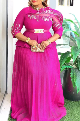 3/4 Sleeve with Cut-Out Embellishments Metallic Accent Belted Flowing Pleated Plus Size Evening Parties Maxi Dress