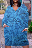 Blue Graphic Print V Neck Long Sleeve Casual Outing Straight Loose Midi Dress