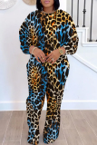 Dark Brown Sportwear Leopard Print Round Neck Long Sleeve Sweatshirt and Sweatpants Fall Winter Two Pieces Sweatsuits Sets