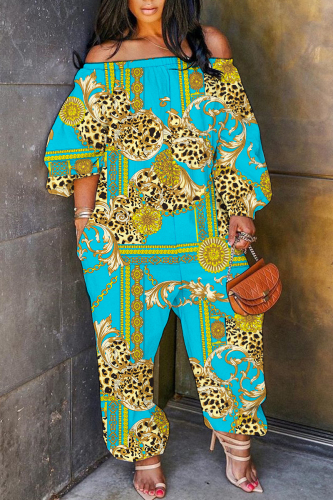 Blue Loose Vacation Casual Leopard Print Off Shoulder Long Lantern Sleeve Overall Jumpsuits