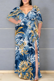 Light Purple Floral Print V Neck 3/4 Sleeve Lace Up Side High Slit Straight Loose Maxi Dress