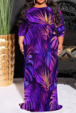 Purple Leaf Print O Neck 3/4 Sleeve Floor Length Casual Outing Vacation Plus Size Straight Loose Maxi Dress