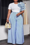 Orange Plus Size Two Piece Pant Set Crewneck Floral Shoulder Top and High-Waisted Striped Wide Leg Pant