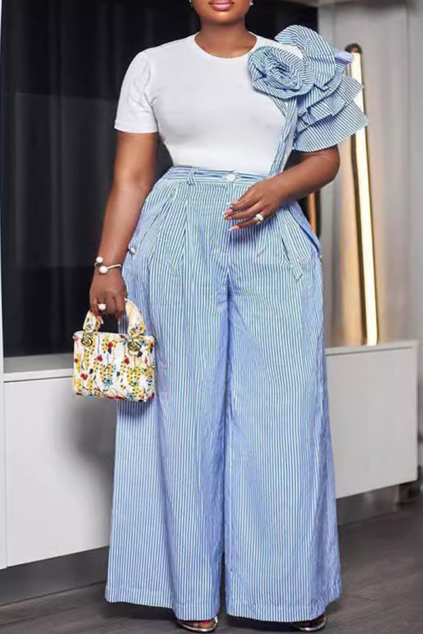 Orange Plus Size Two Piece Pant Set Crewneck Floral Shoulder Top and High-Waisted Striped Wide Leg Pant