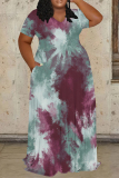 Colorful Tie Dye Print O Neck Short Sleeve Floor Length Casual Outing Plus Size Straight Loose Maxi Dress