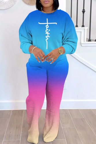 Tangerine Sportwear Gradient Letter Print Round Neck Long Sleeve Sweatshirt and Sweatpants Fall Winter Two Pieces Sweatsuits Sets