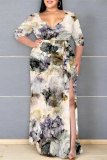 Light Purple Floral Print V Neck 3/4 Sleeve Lace Up Side High Slit Straight Loose Maxi Dress