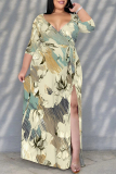 Light Purple Floral Print V Neck 3/4 Sleeve Lace Up Side High Slit Straight Loose Maxi Dress
