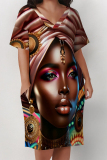 Gole Figure Print V Neck Short Sleeve Pocket Casual Outing Straight Loose Midi Dress