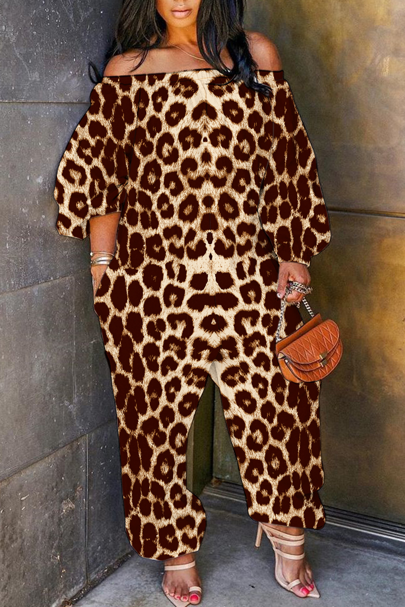 Leopard print casual loose jumpsuit