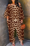 Dark Blue Loose Vacation Casual Leopard Print Off Shoulder Long Lantern Sleeve Overall Jumpsuits