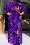 Purple Leaf Print O Neck 3/4 Sleeve Floor Length Casual Outing Vacation Plus Size Straight Loose Maxi Dress