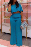 Blue O Neck Half Sleeve Crop Top and High Elastic Waist Wide Leg Pant Casual Outing Plus Size Two Piece Trouser Set