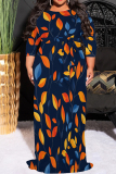 Purple Leaf Print O Neck 3/4 Sleeve Floor Length Casual Outing Vacation Plus Size Straight Loose Maxi Dress