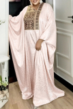 Navy Blue African Asymmetrical Collar with Embroidered Square Pattern Batwing Sleeve Floor Length Cultural Gatherings Loose-Fit Kaftan Maxi Dress