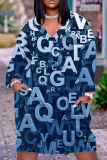Blue Graphic Print V Neck Long Sleeve Casual Outing Straight Loose Midi Dress