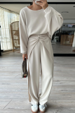 Off-white Casual Round Neck Backless Long Sleeve Sweatshirt and Straight Leg Sweatpants Fall Winter Two Pieces Sweatsuits Sets
