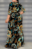Light Purple Floral Print V Neck 3/4 Sleeve Lace Up Side High Slit Straight Loose Maxi Dress