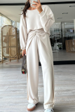 Off-white Casual Round Neck Backless Long Sleeve Sweatshirt and Straight Leg Sweatpants Fall Winter Two Pieces Sweatsuits Sets