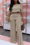 Blue O Neck Half Sleeve Crop Top and High Elastic Waist Wide Leg Pant Casual Outing Plus Size Two Piece Trouser Set