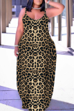 Dark Brown Leopard Print Sleeveless Backless Spaghetti Strap Floor Length Casual Outing Vacation Straight Baggy Maxi Slip Dress