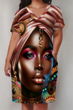 Gole Figure Print V Neck Short Sleeve Pocket Casual Outing Straight Loose Midi Dress