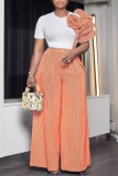 Orange Plus Size Two Piece Pant Set Crewneck Floral Shoulder Top and High-Waisted Striped Wide Leg Pant