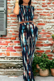 Dark Blue Casual Geometric Abstract Print Stripe Pocket Contrast Round Neck Sleeveless Tank Tops and Straight Leg Pants Two Pieces Sets