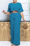 Blue O Neck Half Sleeve Crop Top and High Elastic Waist Wide Leg Pant Casual Outing Plus Size Two Piece Trouser Set