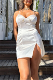 Champagne V Neck Sleeveless Backless Lace Up Side Slit Night Out Bodycon Club Mini Slip Dress