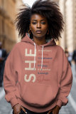 Black Silver Casual Letter Print Draw String Hooded Collar Long Sleeve Fall Winter Sweatshirts Tops