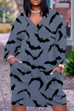 Blue Graphic Print V Neck Long Sleeve Casual Outing Straight Loose Midi Dress
